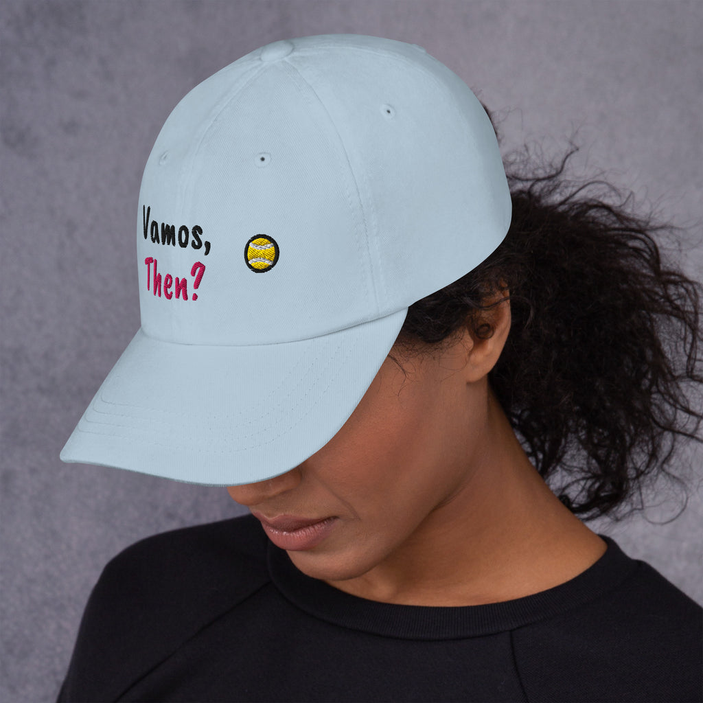 Ocean blue padel dad cap with the Vamos, Then? design embroidered on the front, left side view