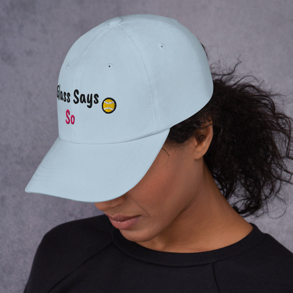 Ocean blue padel dad cap with the Glass Says So design embroidered on the front, left side view