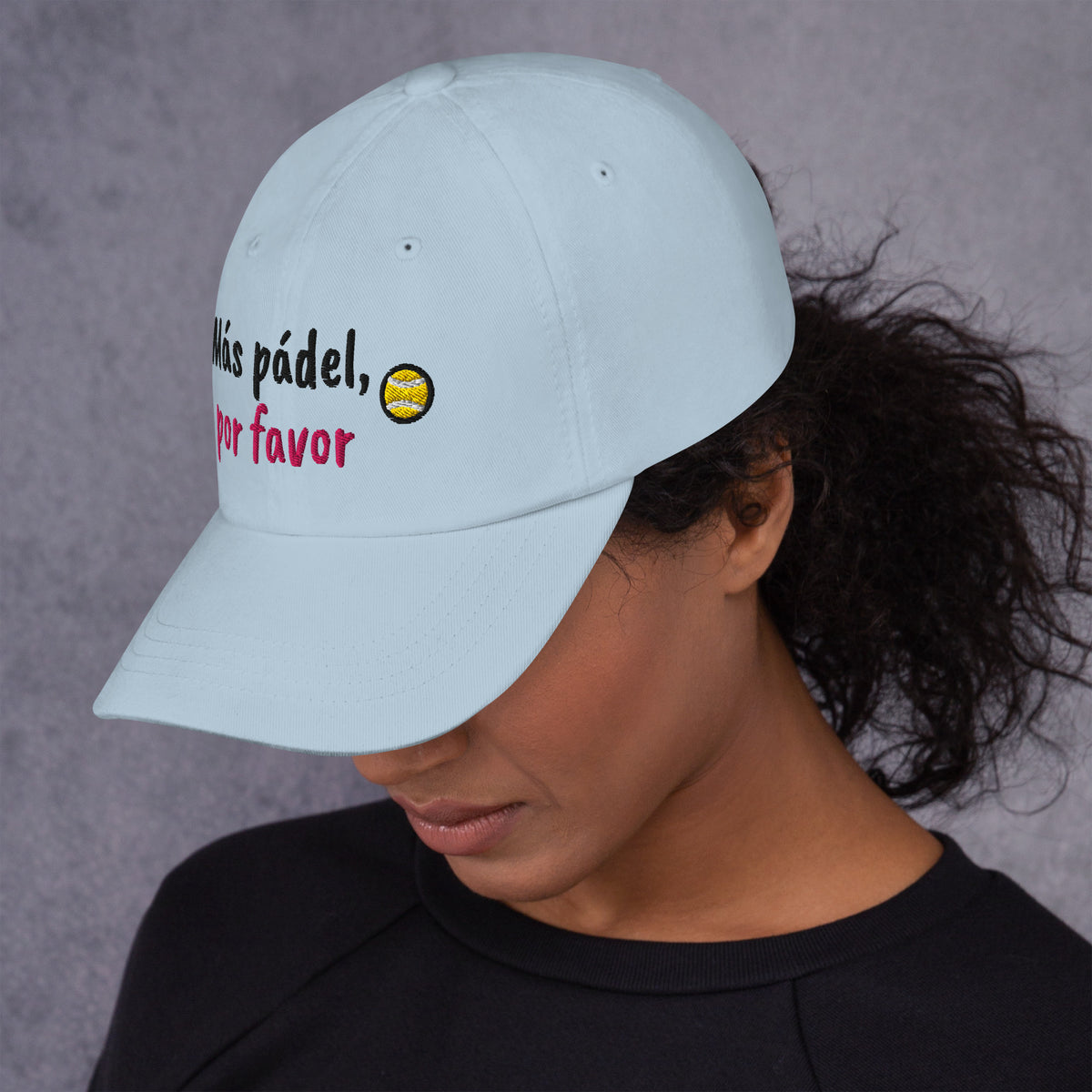 Ocean blue padel dad cap with the Más Pádel, Por Favor design embroidered on the front, left side view