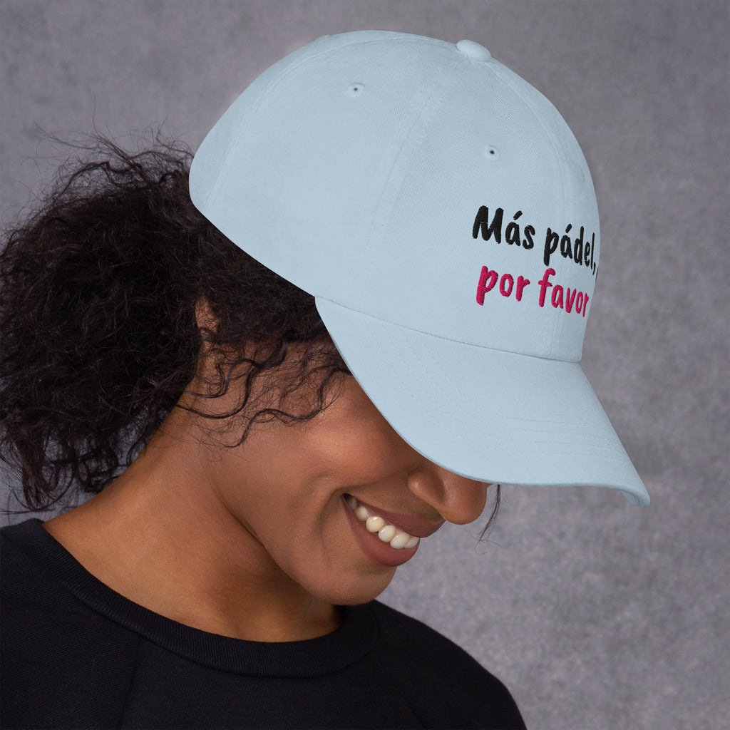 Ocean blue padel dad cap with the Más Pádel, Por Favor design embroidered on the front, right side view