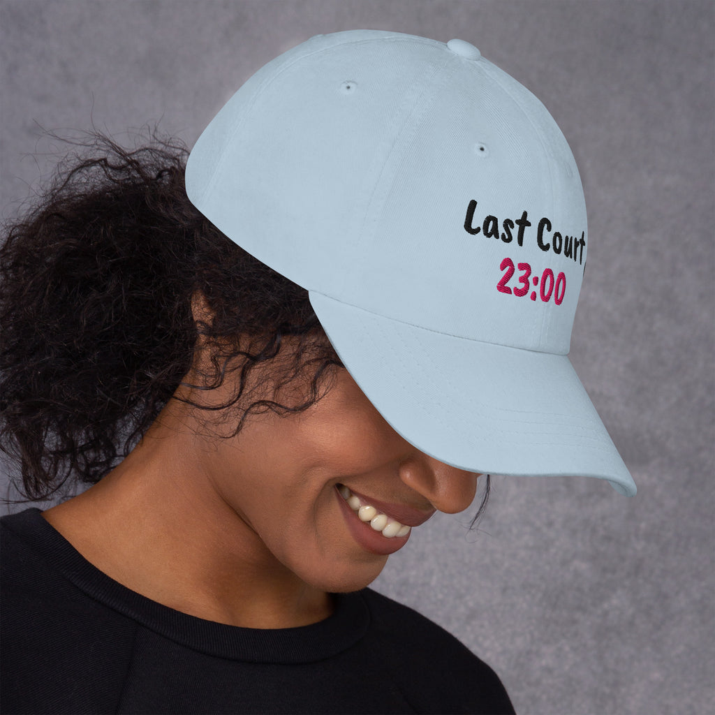 Ocean blue padel dad cap with the Last Court 23:00 design embroidered on the front, right side view