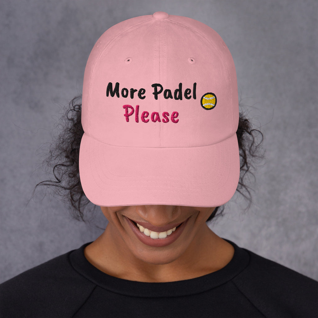 Pink padel dad cap with the More Padel Please design embroidered on the front, front view