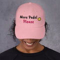 Pink padel dad cap with the More Padel Please design embroidered on the front, front view