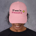 Pink padel dad cap with the It Was In design embroidered on the front, front view