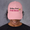Pink padel dad cap with the Golden Point design embroidered on the front, front view