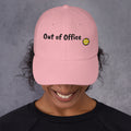 Pink padel dad cap with the Out of Office design embroidered on the front, front view