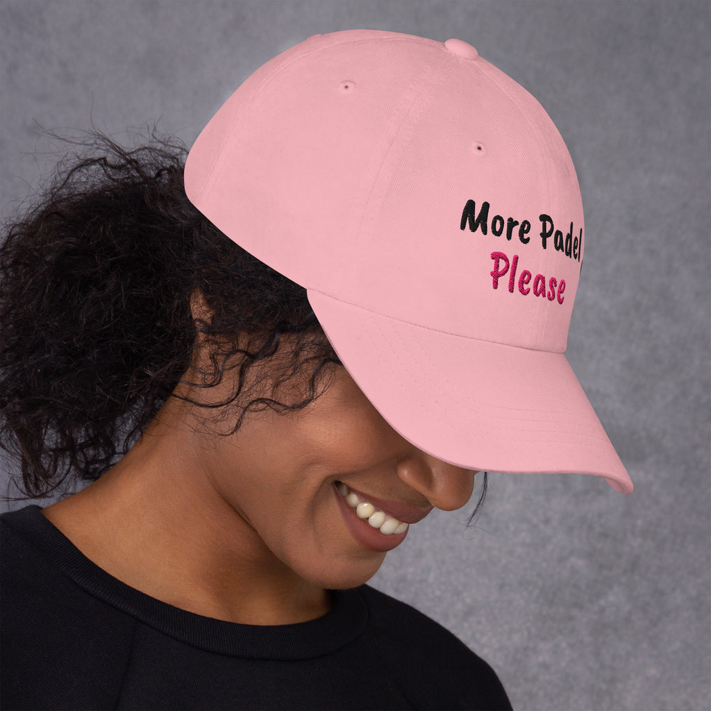 Pink padel dad cap with the More Padel Please design embroidered on the front, right side view