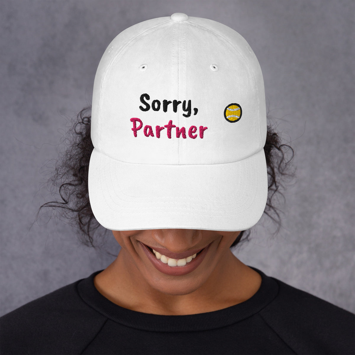 White padel dad cap with the Sorry, Partner design embroidered on the front, front view