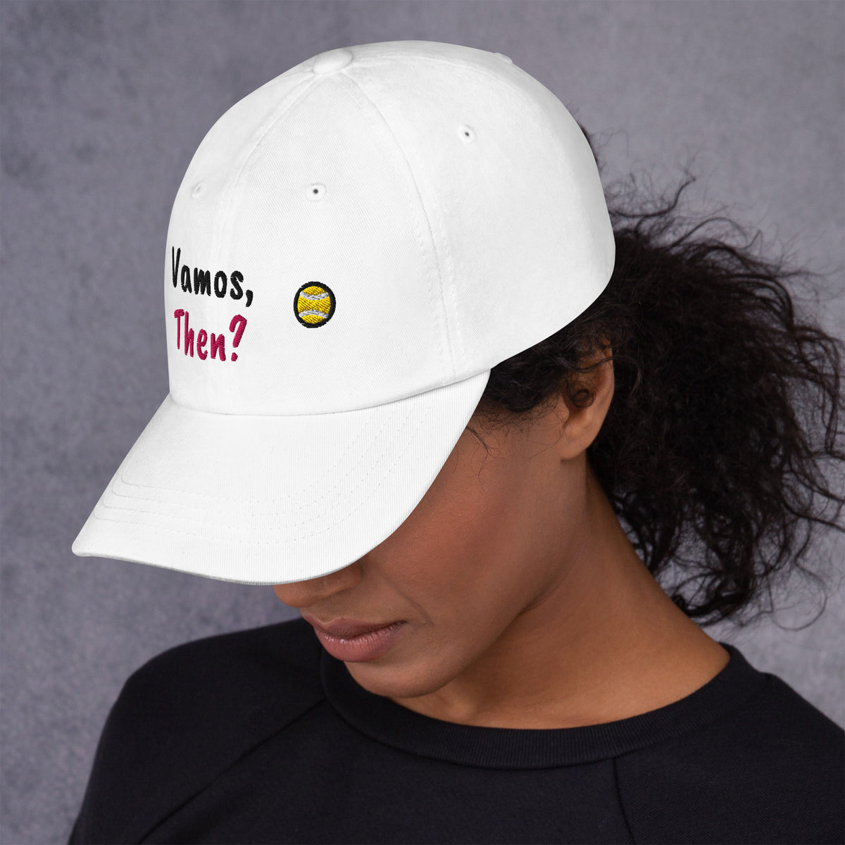 White padel dad cap with the Vamos, Then? design embroidered on the front, left side view