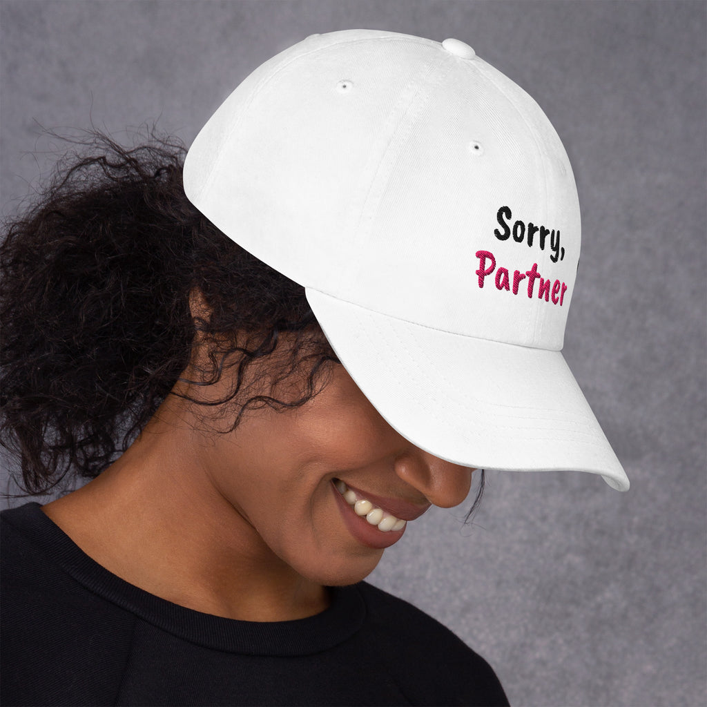White padel dad cap with the Sorry, Partner design embroidered on the front, right side view