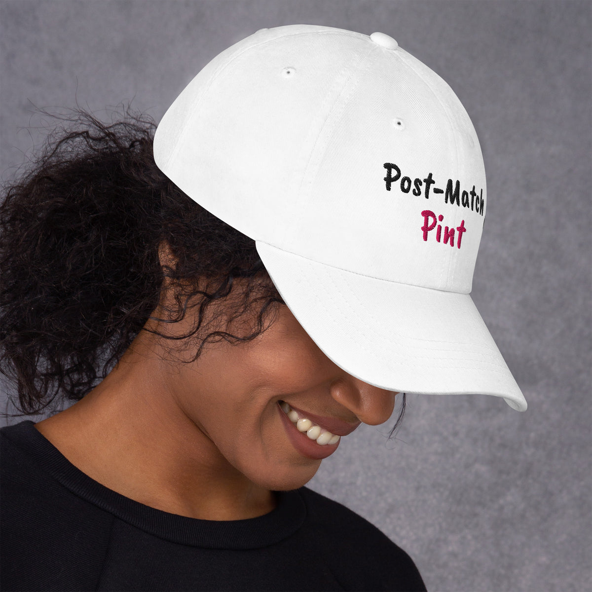 White padel dad cap with the Post-Match Pint design embroidered on the front, right side view