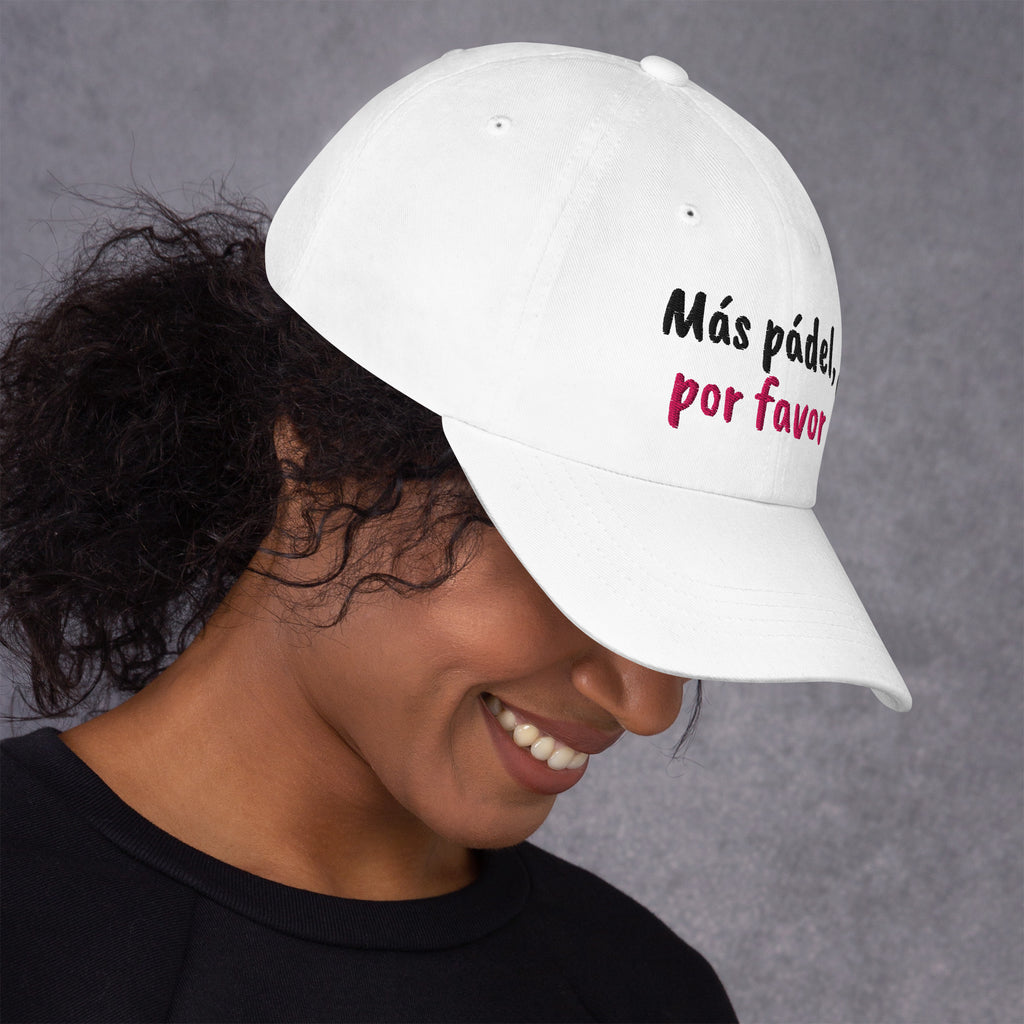 White padel dad cap with the Más Pádel, Por Favor design embroidered on the front, right side view