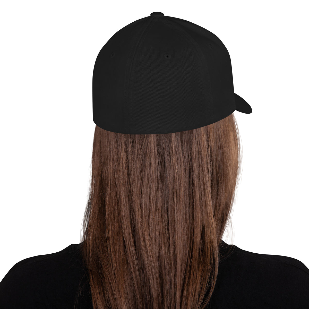 Black structured stretch-fit baseball cap embroidered with Off the Glass, back view