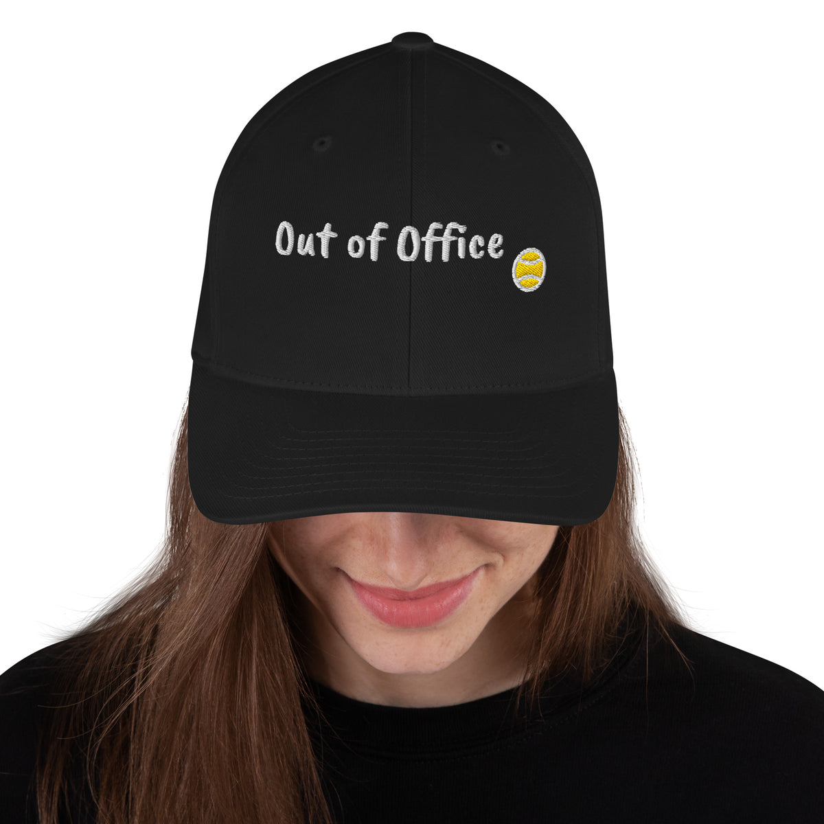 Black structured stretch-fit baseball cap embroidered with Out of Office, front view