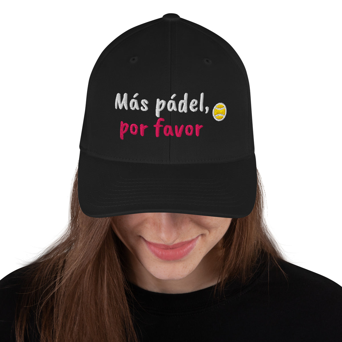 Black structured stretch-fit baseball cap embroidered with Más Pádel, Por Favor, front view