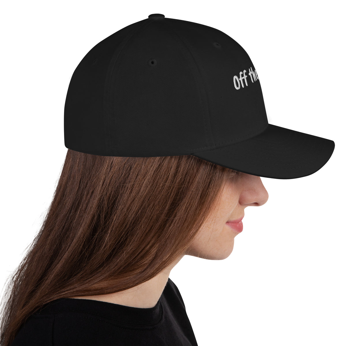 Black structured stretch-fit baseball cap embroidered with Off the Glass, right side view