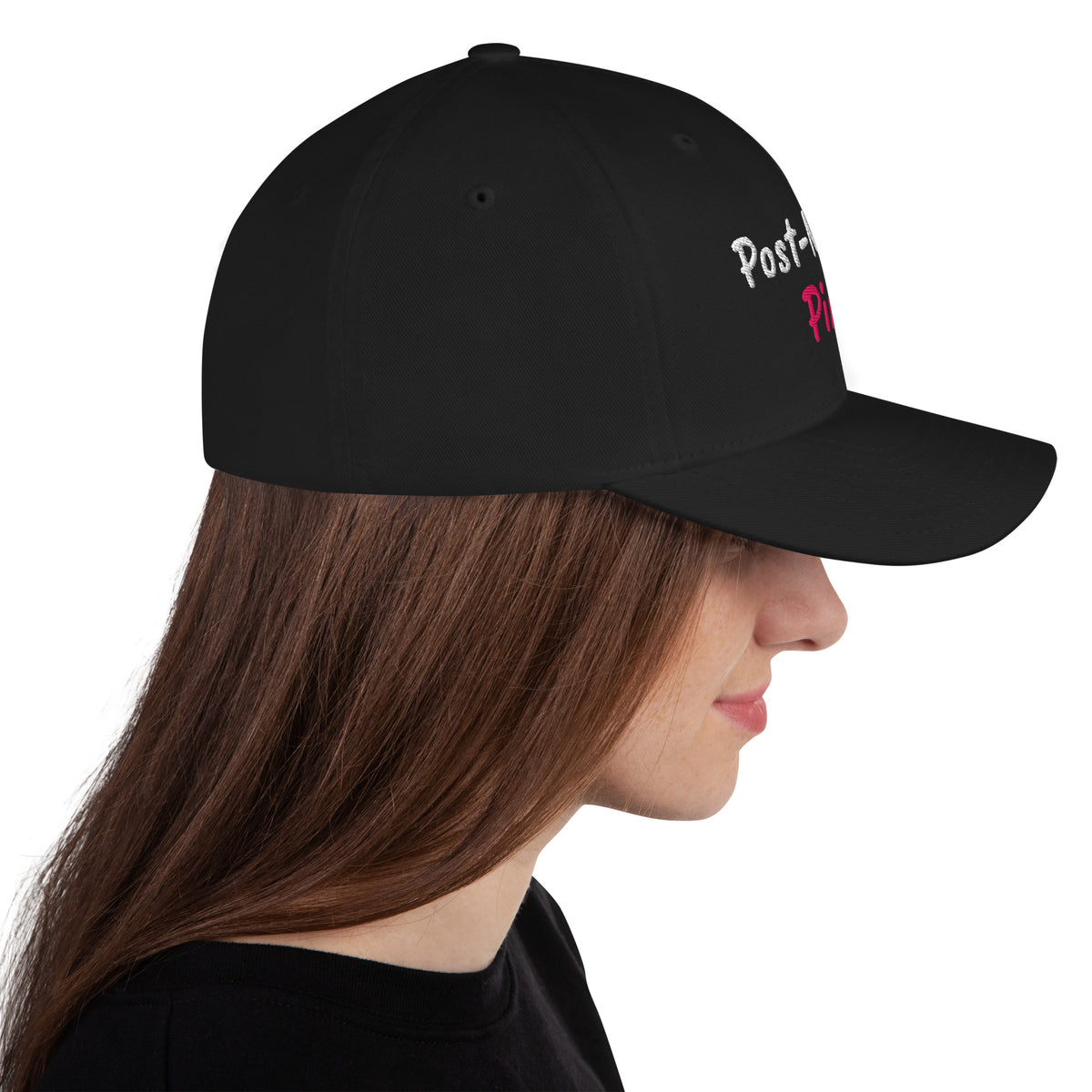 Black structured stretch-fit baseball cap embroidered with Post-Match Pint, right side view