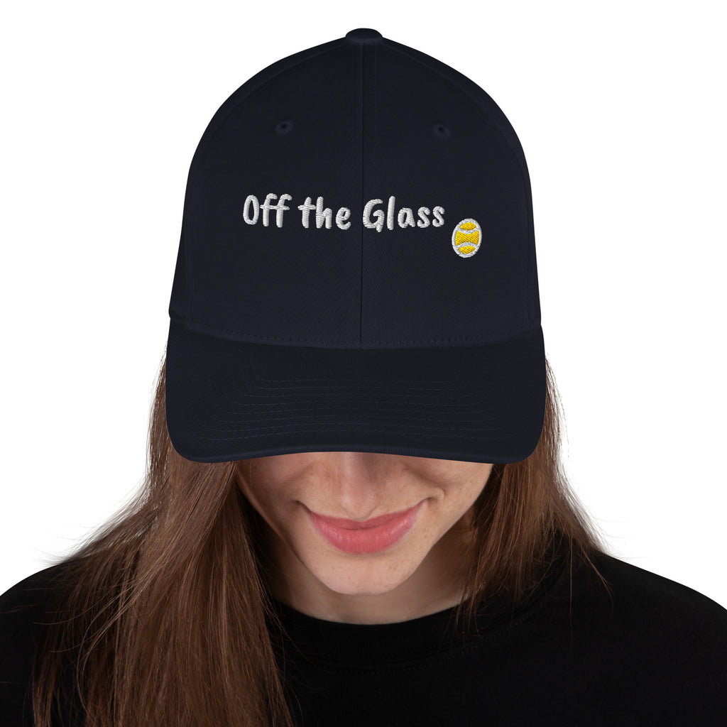 Dark Navy structured stretch-fit baseball cap embroidered with Off the Glass, front view