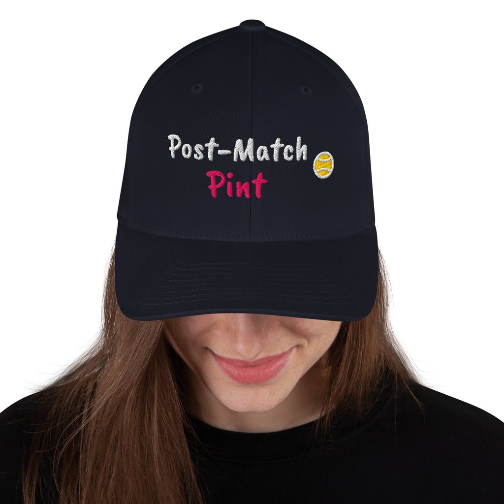 Dark Navy structured stretch-fit baseball cap embroidered with Post-Match Pint, front view