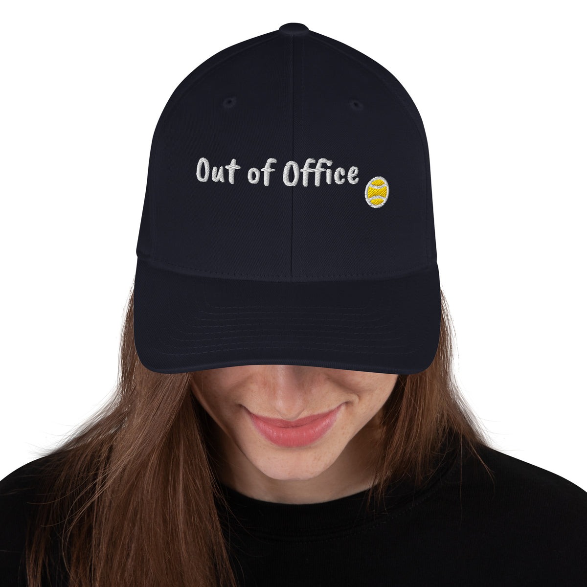 Dark Navy structured stretch-fit baseball cap embroidered with Out of Office, front view
