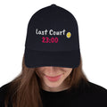 Dark Navy structured stretch-fit baseball cap embroidered with Last Court 23:00, front view