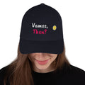 Dark Navy structured stretch-fit baseball cap embroidered with Vamos, Then?, front view