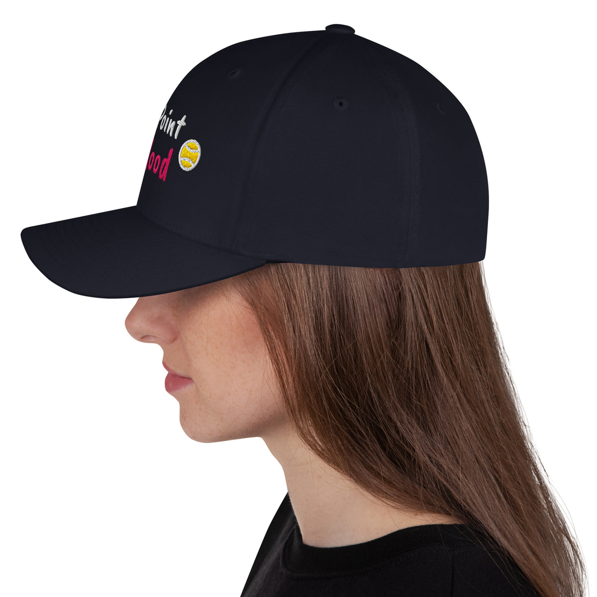 Dark Navy structured stretch-fit baseball cap embroidered with Golden Point, left side view