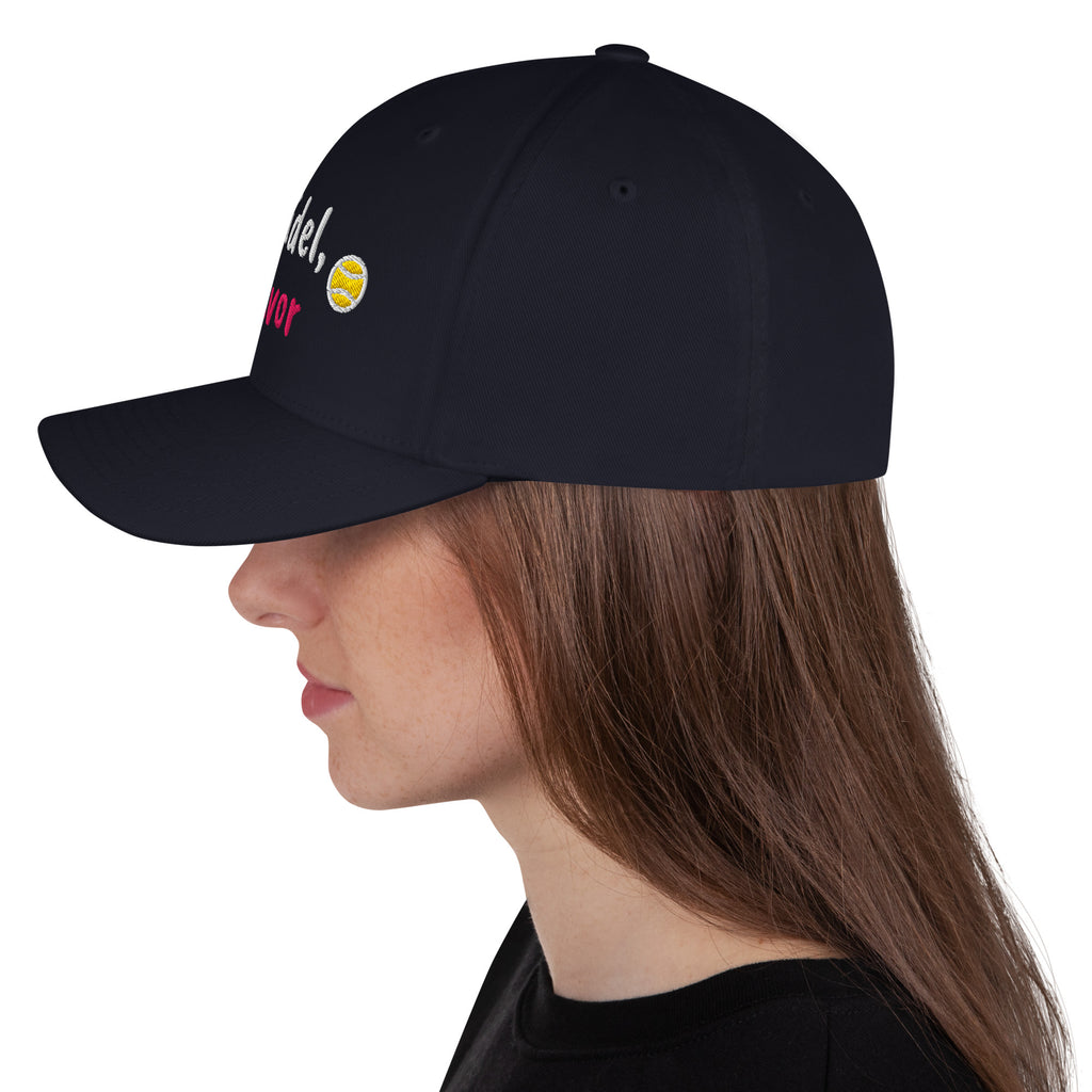 Dark Navy structured stretch-fit baseball cap embroidered with Más Pádel, Por Favor, left side view
