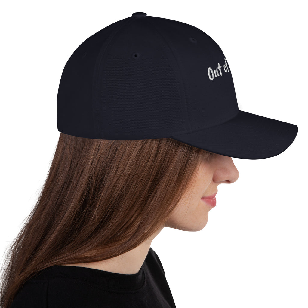 Dark Navy structured stretch-fit baseball cap embroidered with Out of Office, right side view