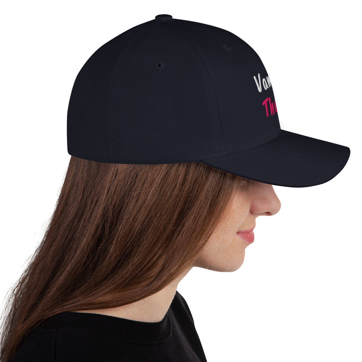 Dark Navy structured stretch-fit baseball cap embroidered with Vamos, Then?, right side view