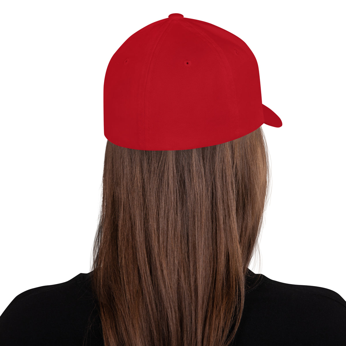 Red structured stretch-fit baseball cap embroidered with Glass Says So, back view