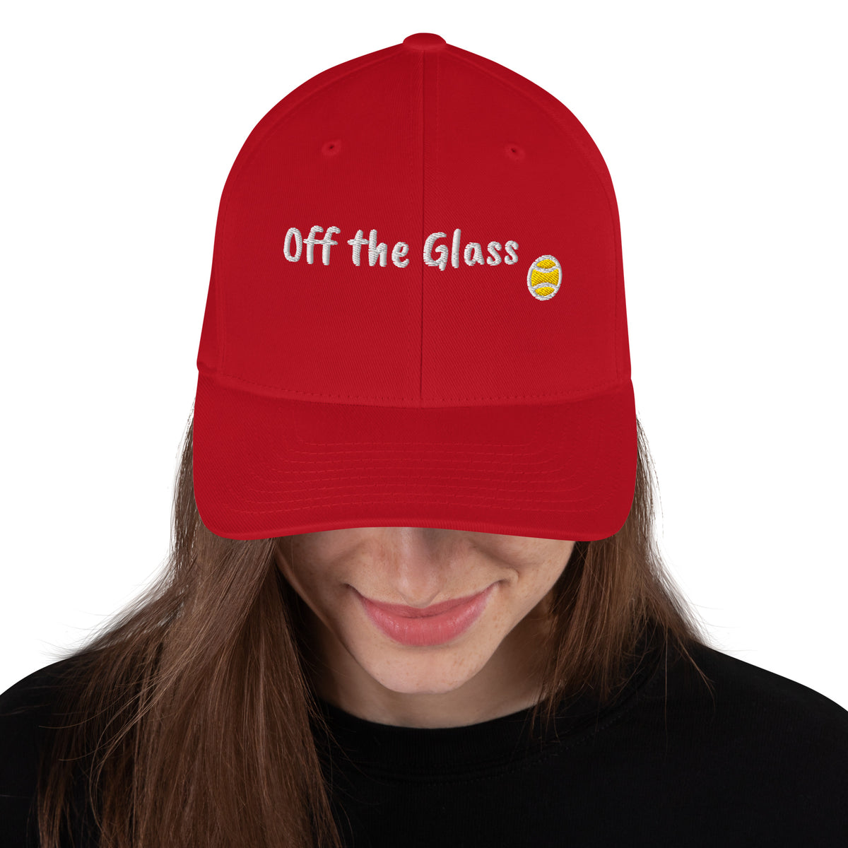 Red structured stretch-fit baseball cap embroidered with Off the Glass, front view