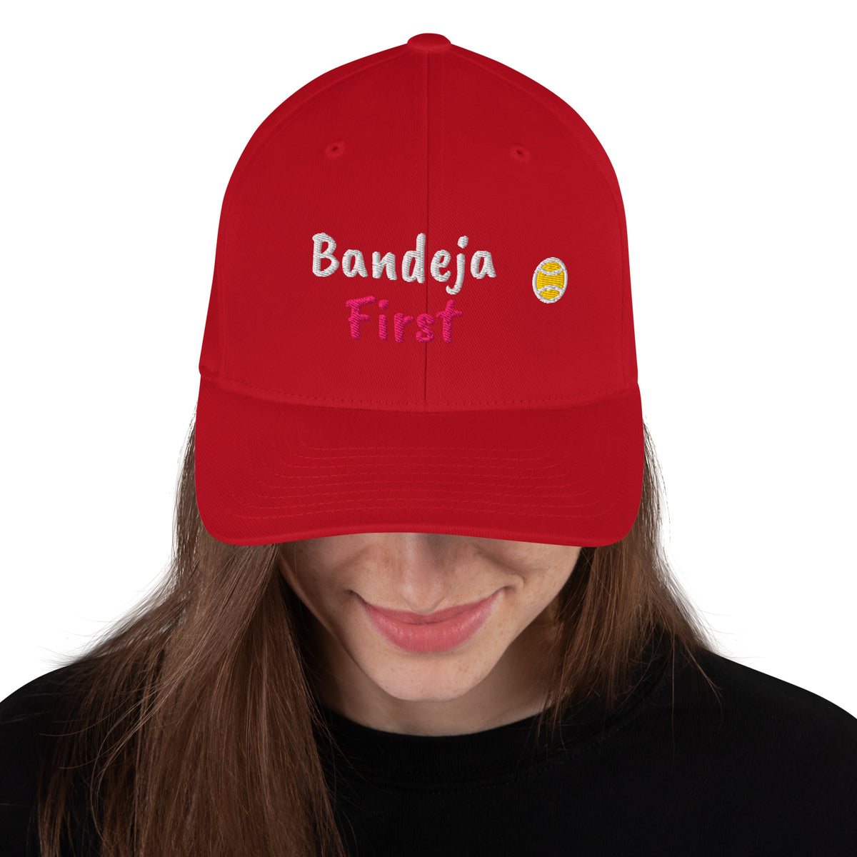 Red structured stretch-fit baseball cap embroidered with Bandeja First, front view