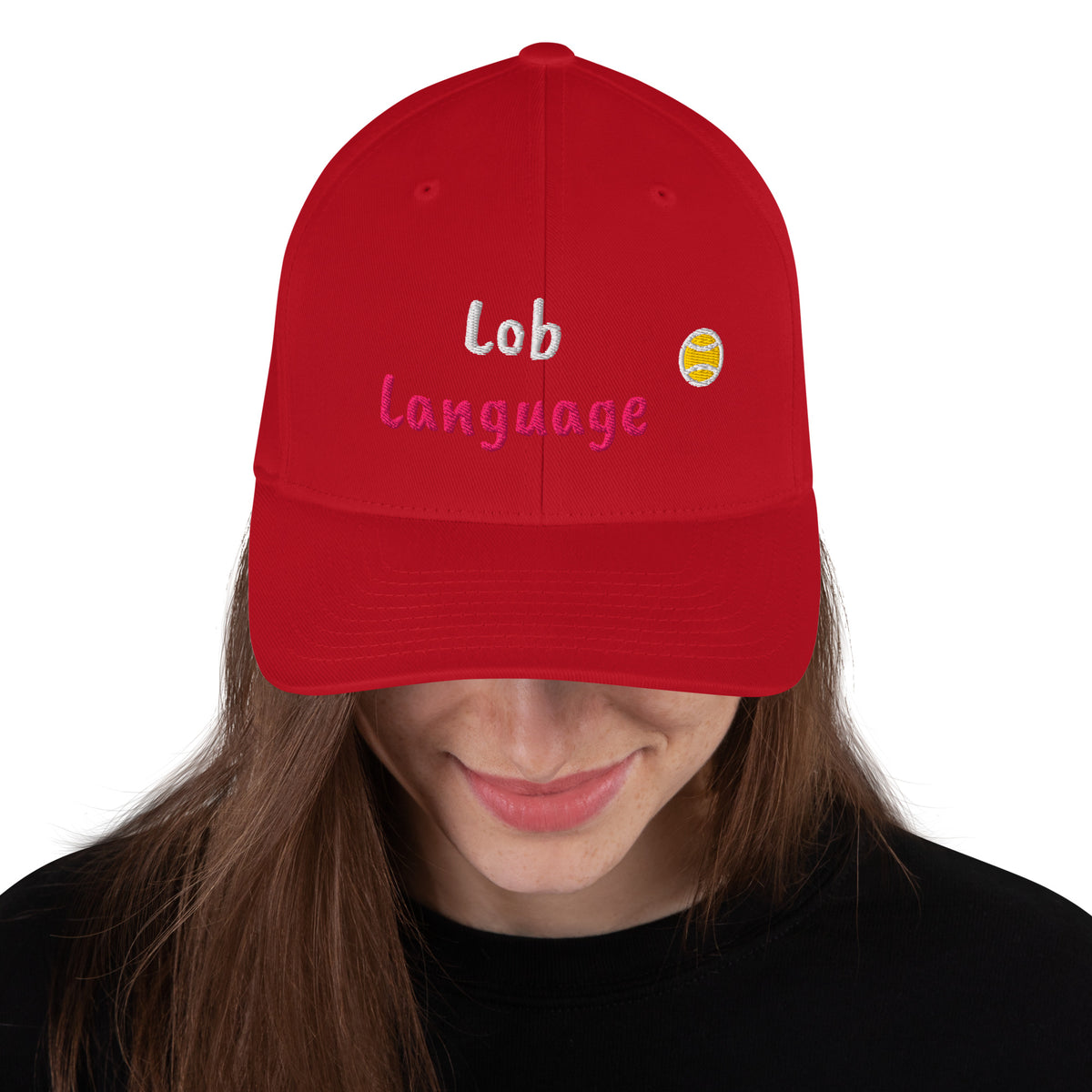 Red structured stretch-fit baseball cap embroidered with Lob Language, front view