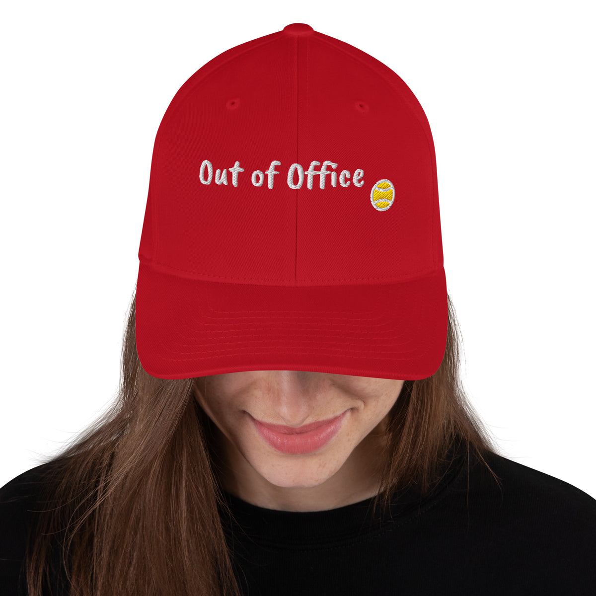 Red structured stretch-fit baseball cap embroidered with Out of Office, front view