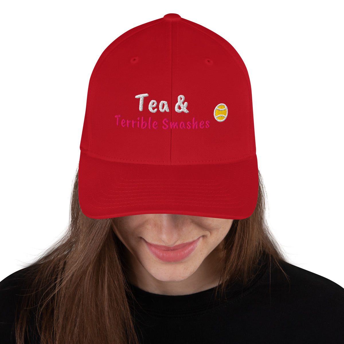 Red structured stretch-fit baseball cap embroidered with Tea & Terrible Smashes, front view