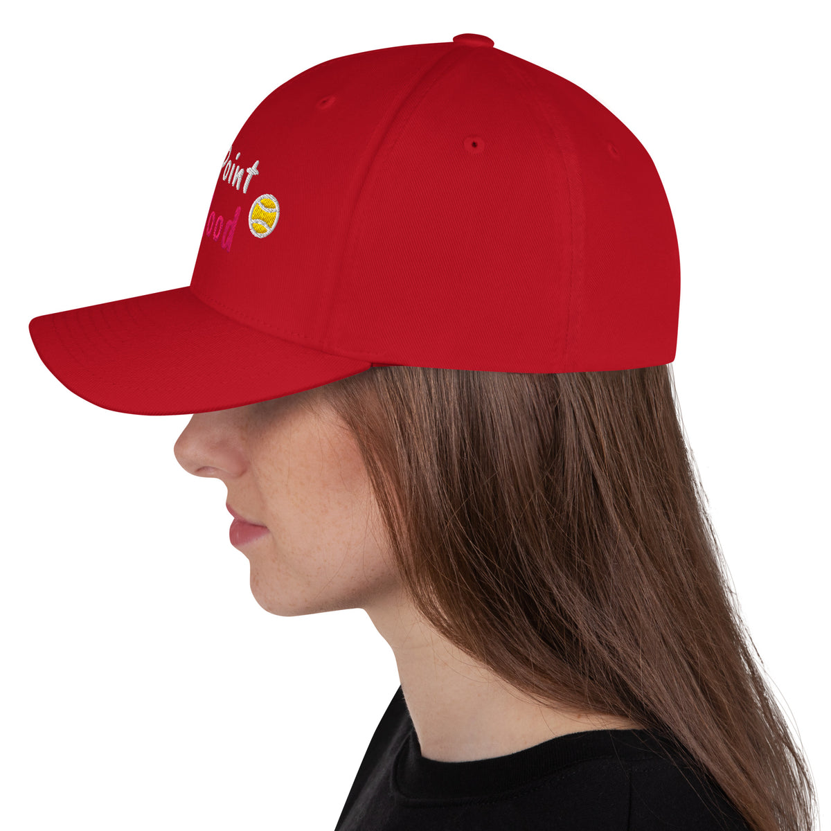 Red structured stretch-fit baseball cap embroidered with Golden Point, left side view