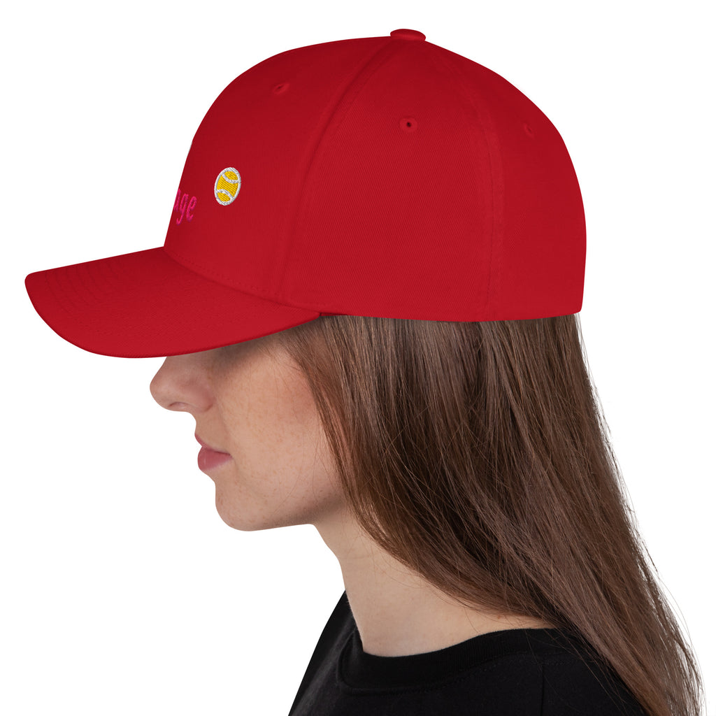 Red structured stretch-fit baseball cap embroidered with Lob Language, left side view