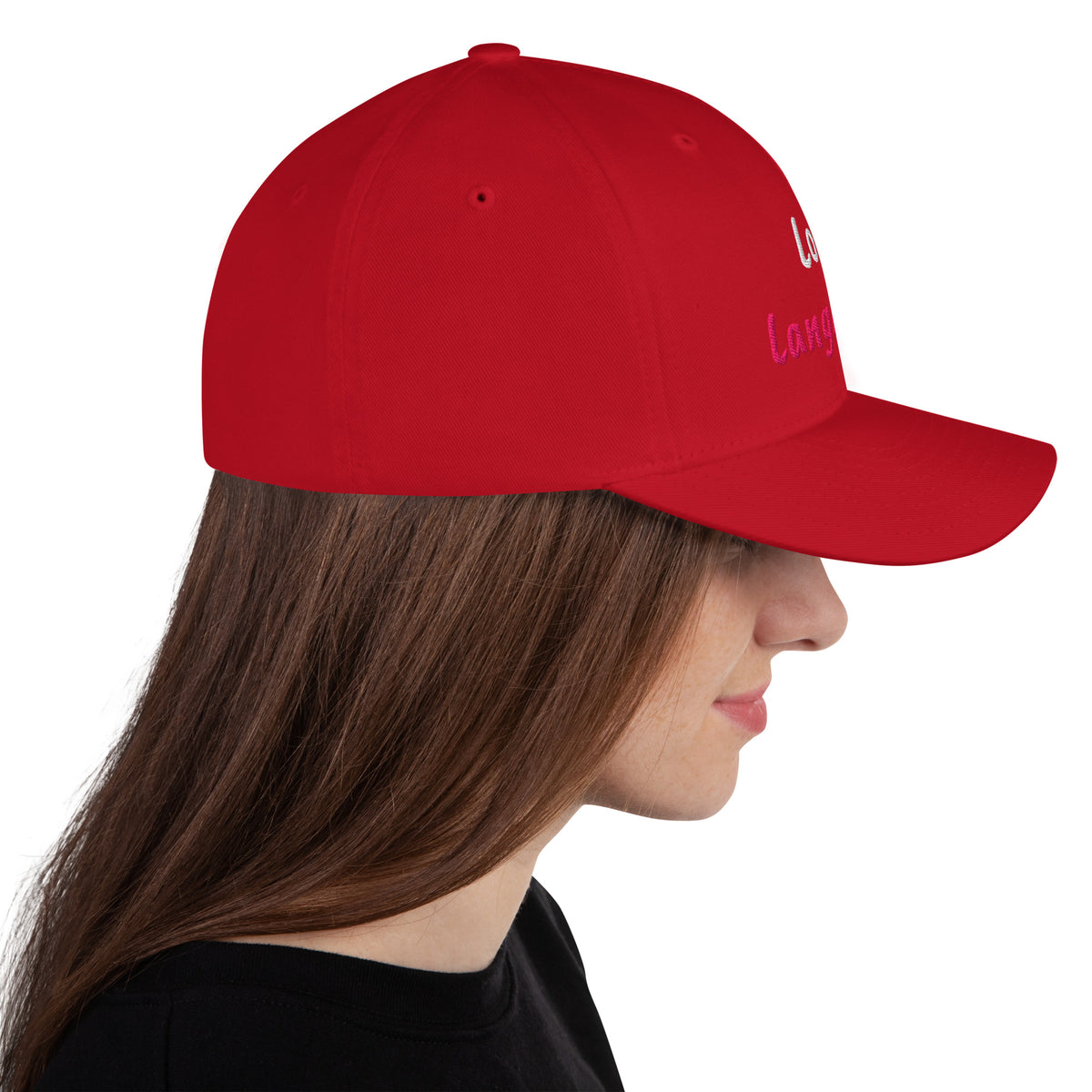 Red structured stretch-fit baseball cap embroidered with Lob Language, right side view