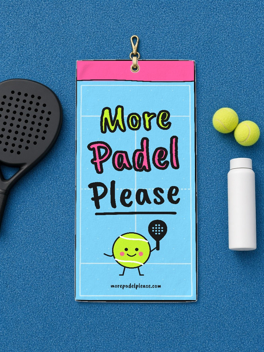 More Padel Please court towel laid flat on blue court turf with a padel racket, two balls and a water bottle