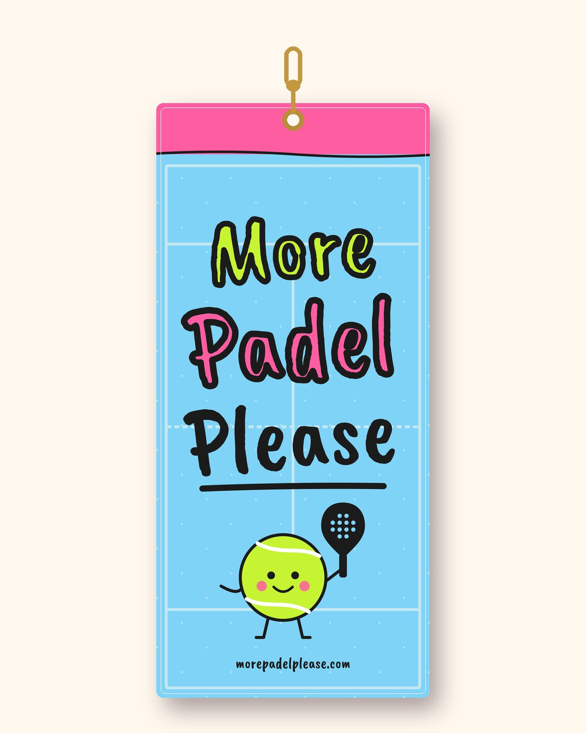 More Padel Please court towel: sky blue with pink top, More Padel Please logo and the padel ball character