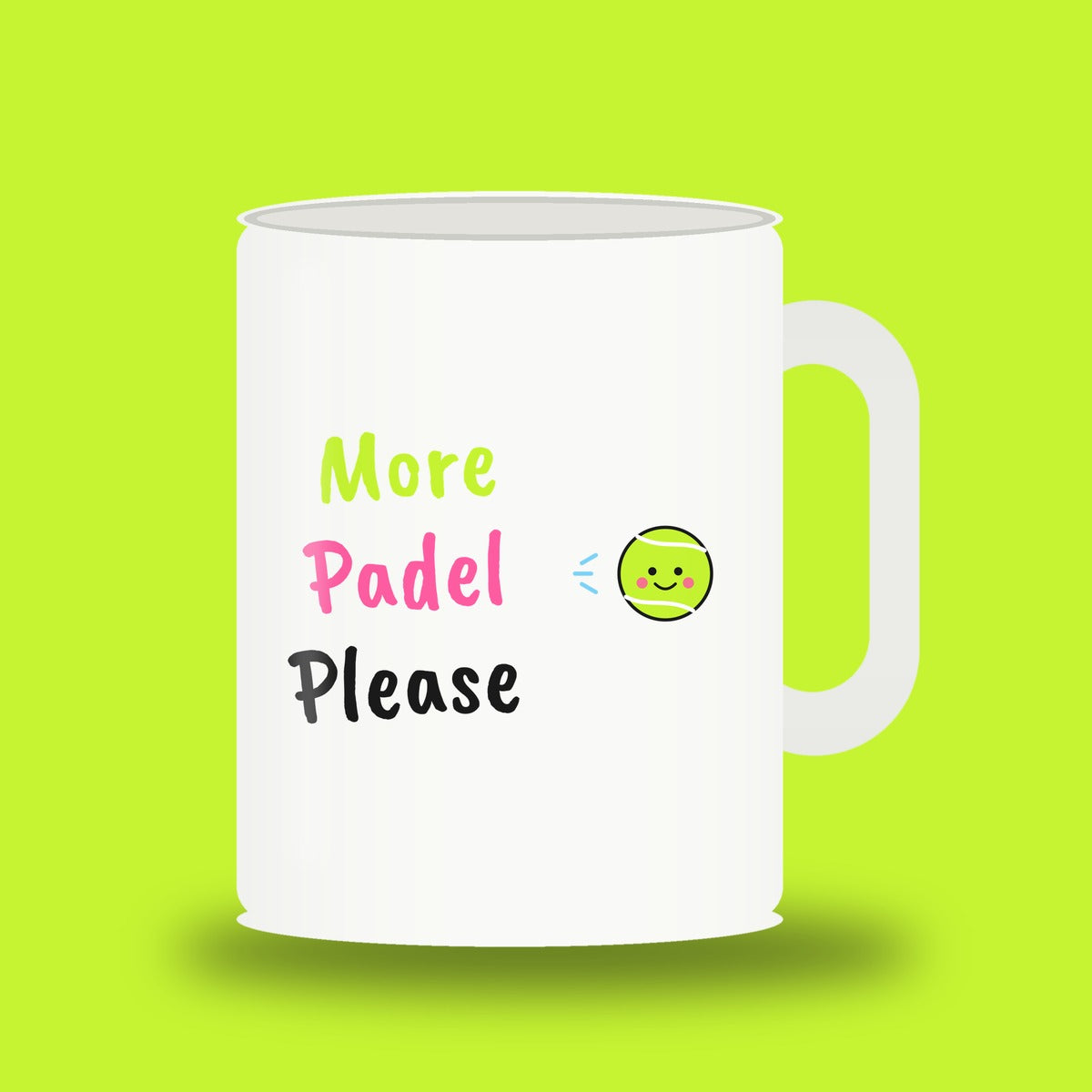 White 11 oz padel mug with the slogan “More Padel Please”