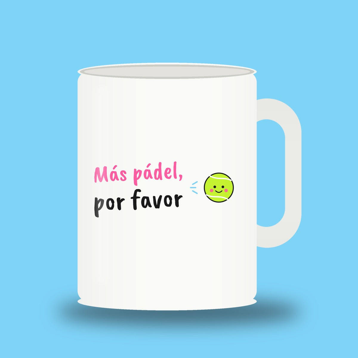 White 11 oz padel mug with the slogan “Más pádel, por favor”