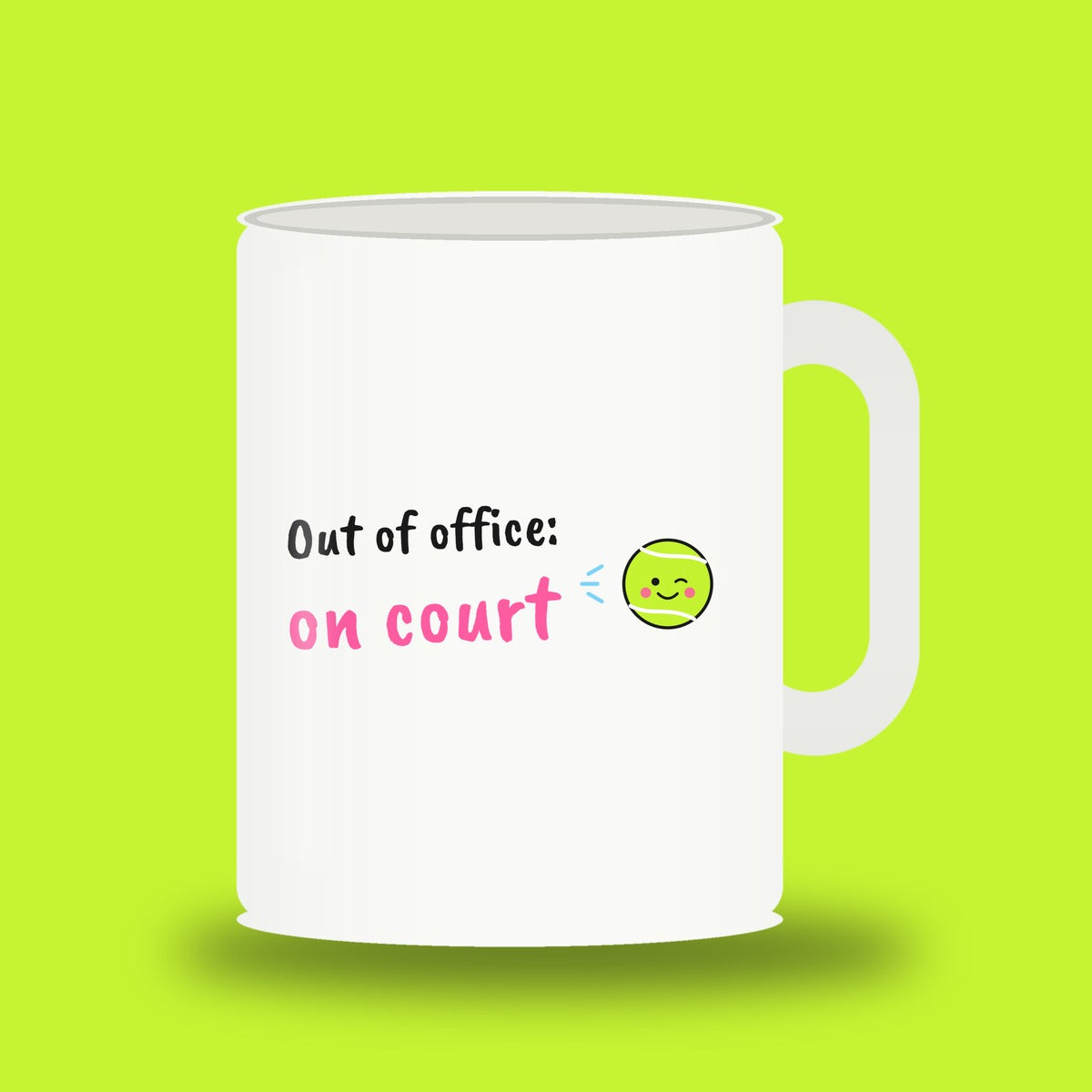 White 11 oz padel mug with the slogan “Out of office: on court”