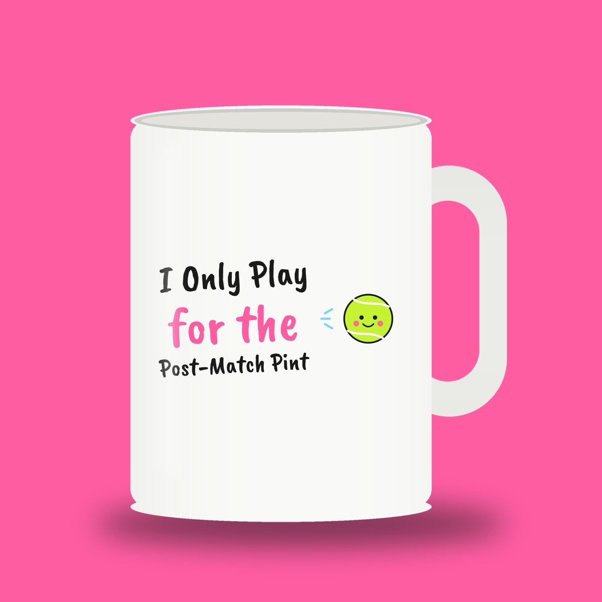 White 11 oz padel mug with the slogan “I Only Play for the Post-Match Pint”