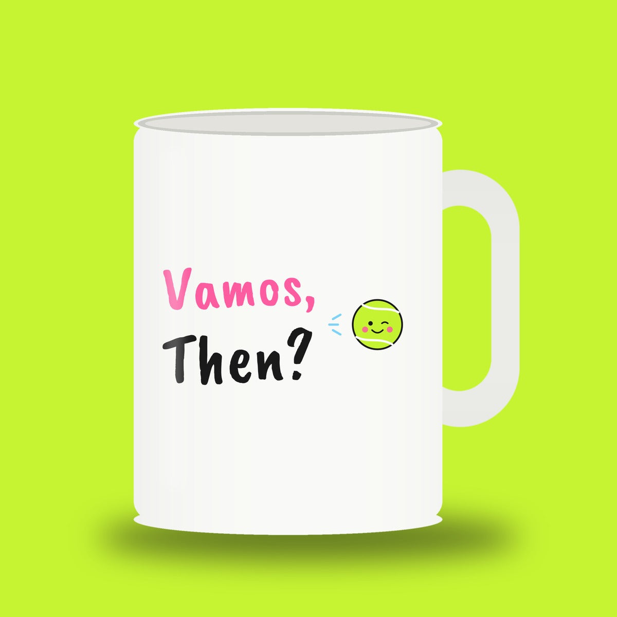 White 11 oz padel mug with the slogan “Vamos, Then?”