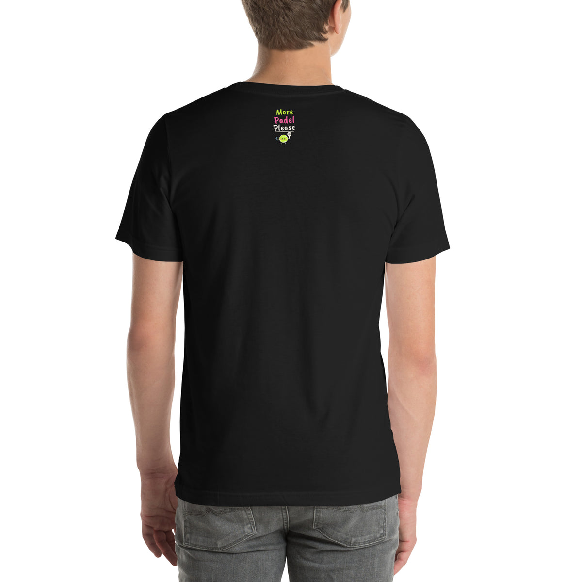 Back of the black Sorry, Partner Padel Tee showing the More Padel Please logo under the collar