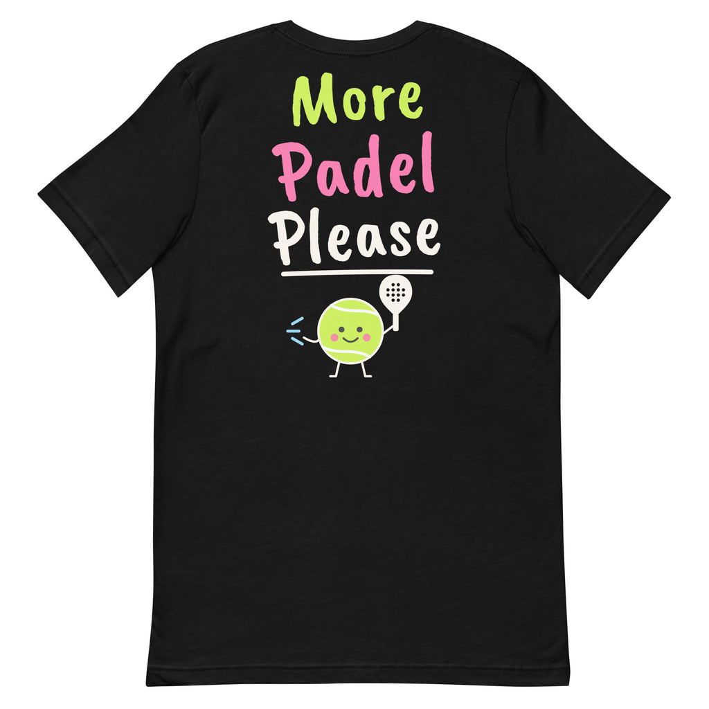 Let It Hit The Glass! Padel Tee – Black, back (large More Padel Please logo)