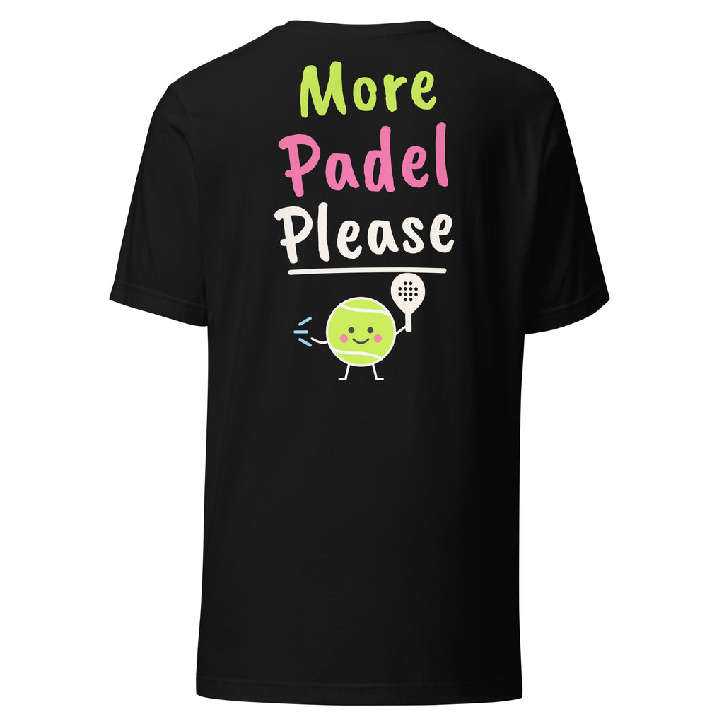 Switch! Padel Tee – Black, back (large More Padel Please logo)