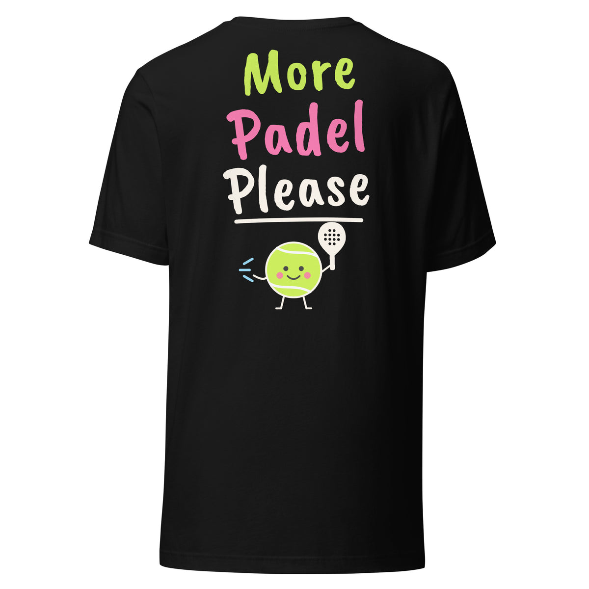 Switch! Padel Tee – Black, back (large More Padel Please logo)